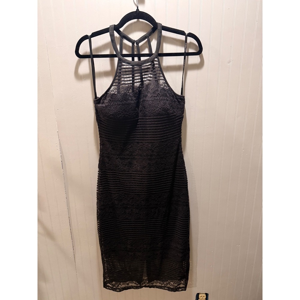 GUESS Black Lace Halter Bodycon Dress Strappy Cage Back Size 6